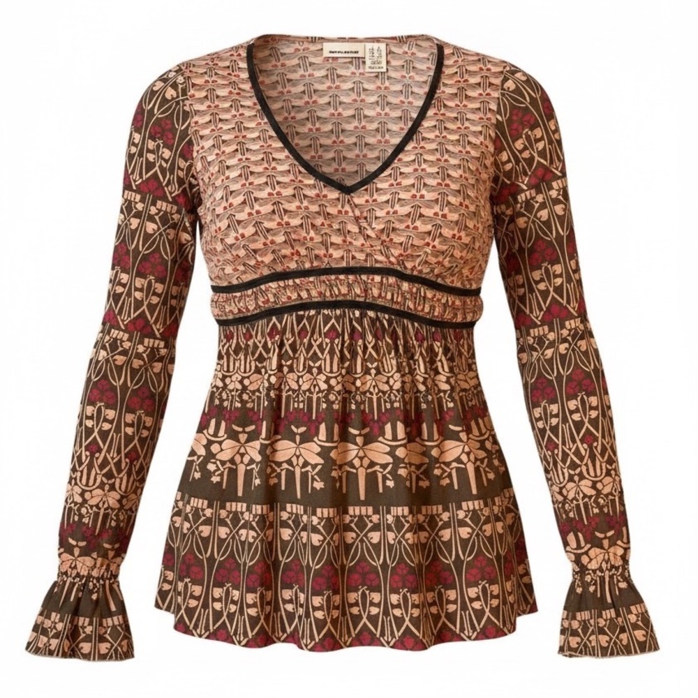 DKNY Jeans Women's XL Boho Empire Waist Long Sleeve Mesh V Neck Printed Top